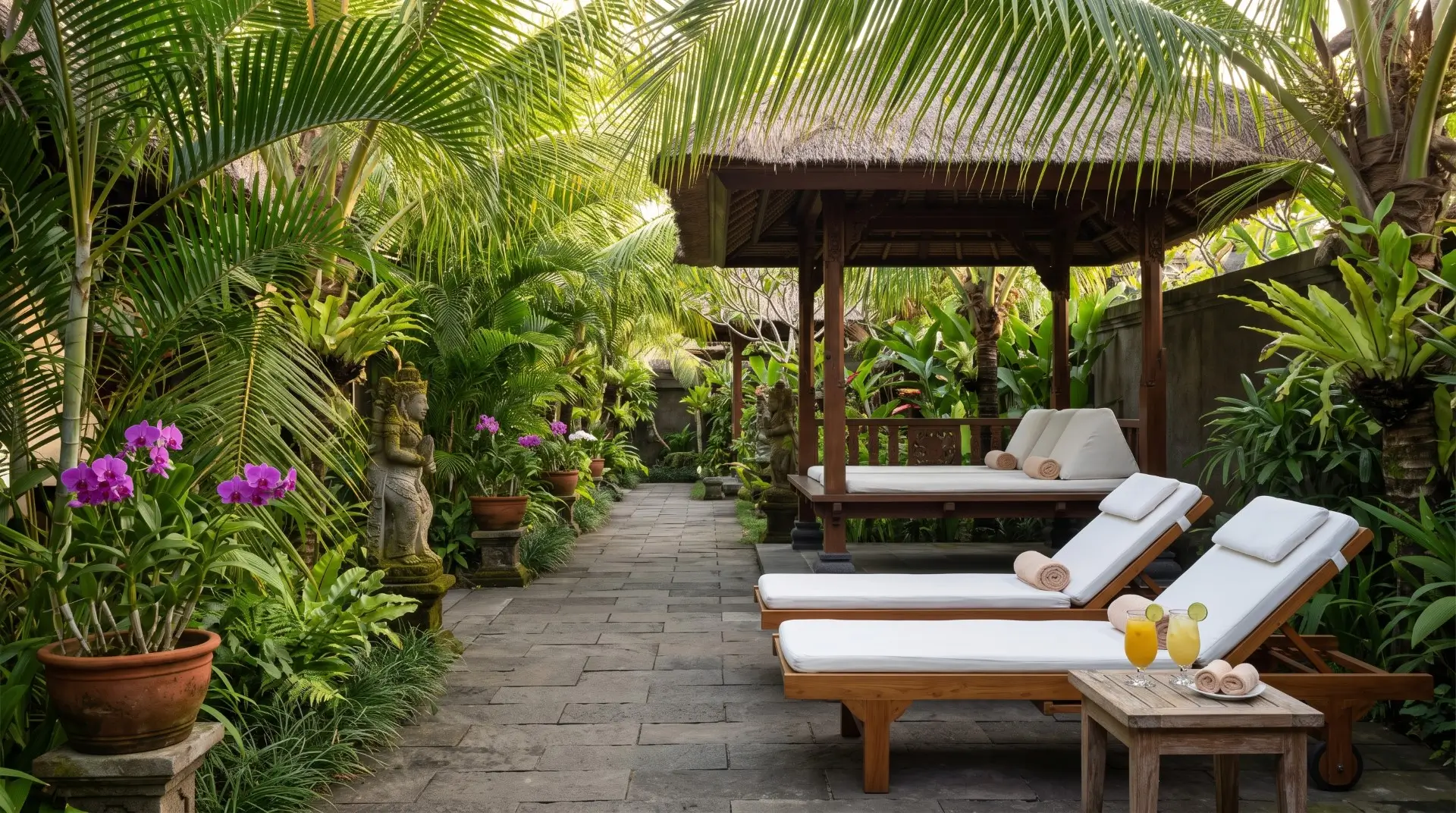 family wellness activities in tropical garden spa pavilion