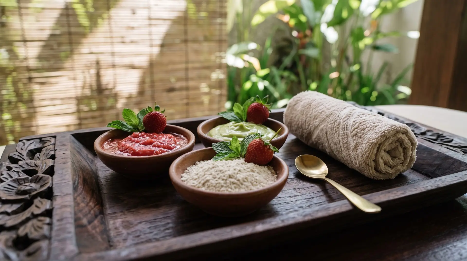 fruit body scrubs containing fresh strawberry scrub in tropical treatment suite