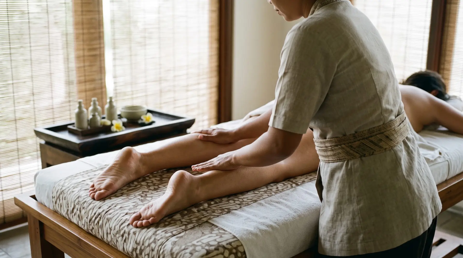 lymphatic drainage massage Kuta therapist applying gentle rhythmic hand movements on legs in private suite