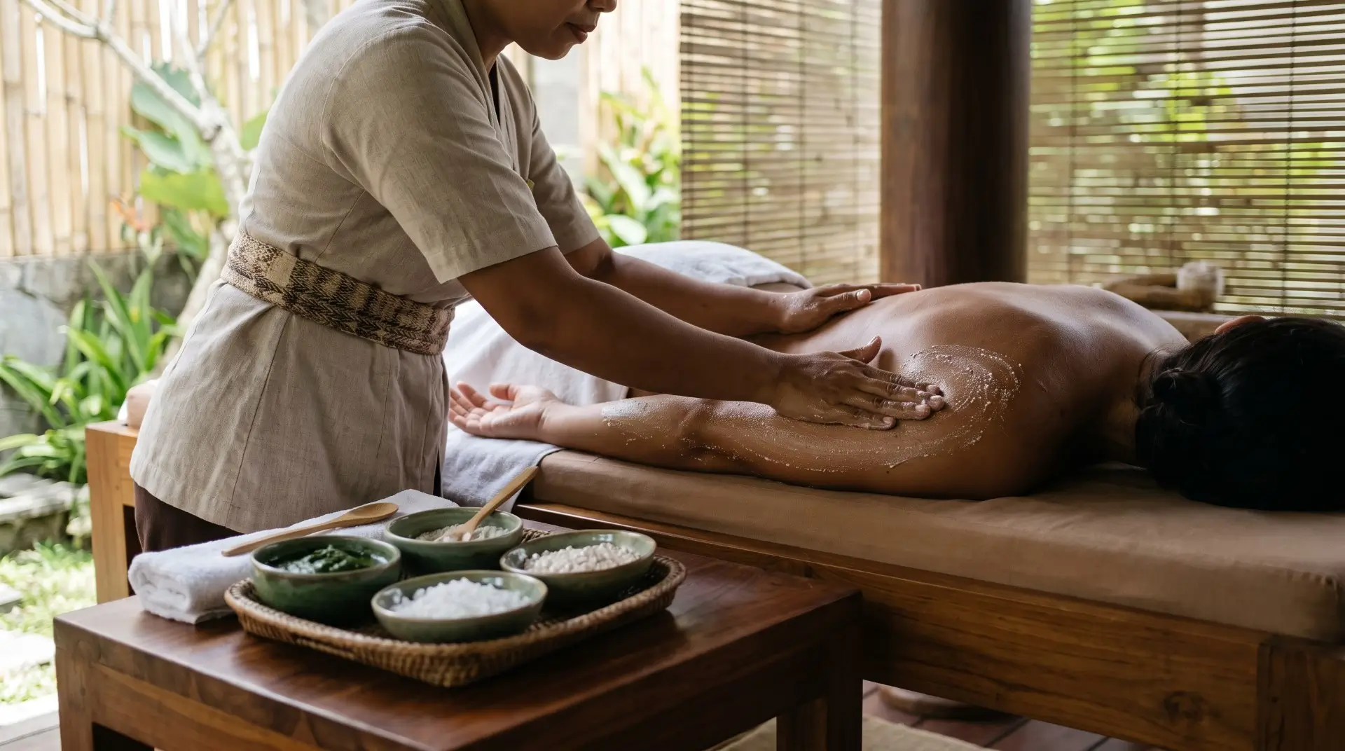 mineral body treatments therapist applying pearl scrub and seaweed extract in private Kuta spa suite
